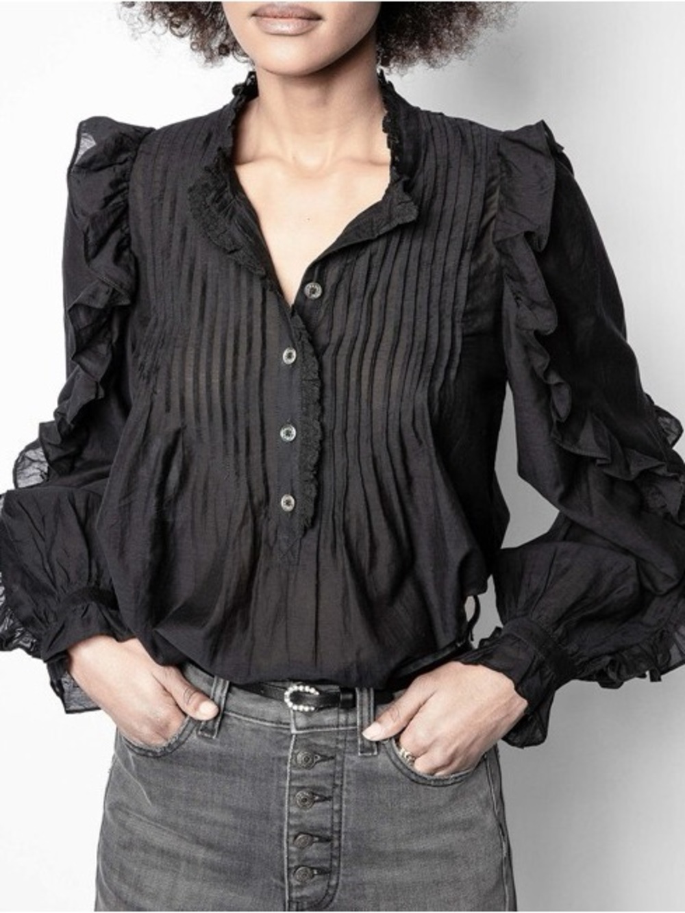 Zadig & Voltaire Black Ruffled Pintuck Blouse